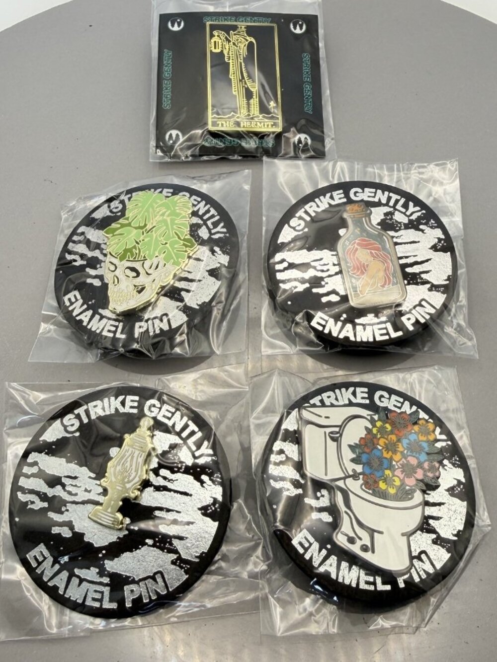 Strike Gently Pins Set of 5 Skull, Hermit, Toilet, Lamp, Girl NEW